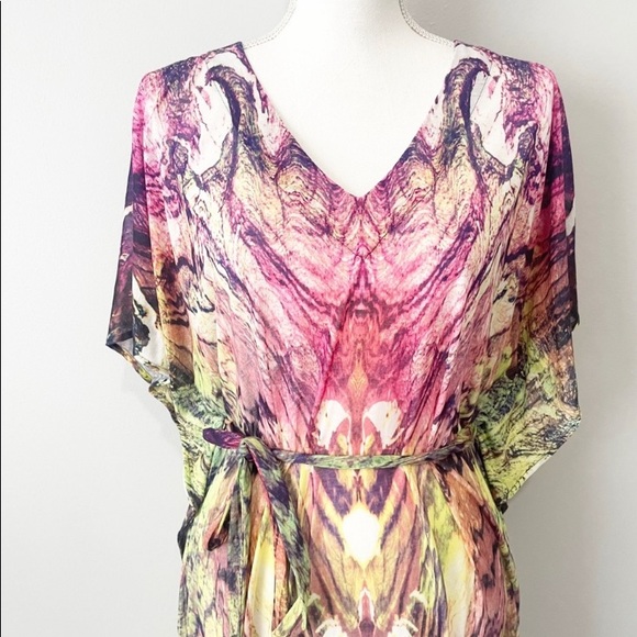 H&M tie dye pink kaftan dress medium coverup sundress belted - Picture 4 of 10